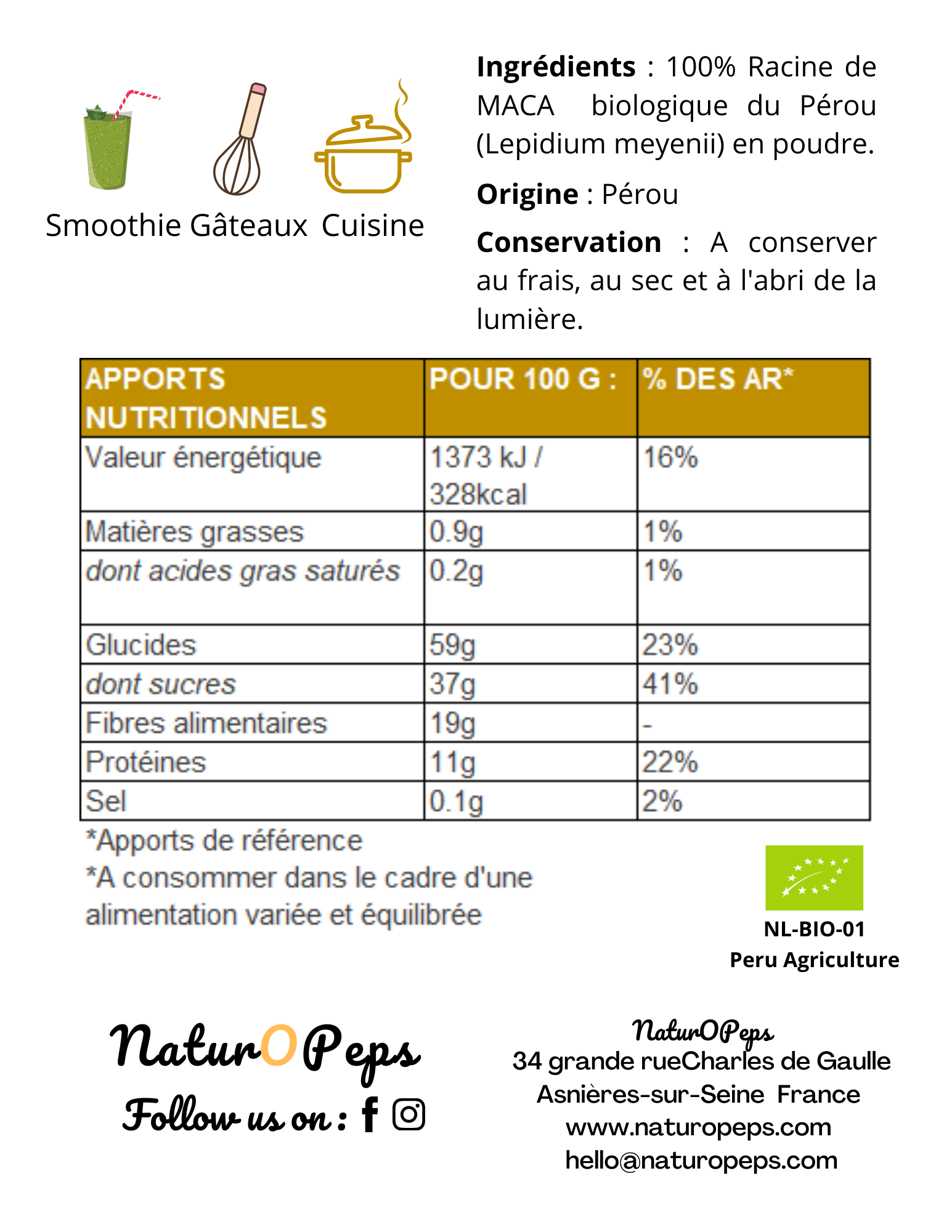 MACA 100% BIO NaturOPeps en poudre - 100g (100 doses) - Tonus & Vitalité