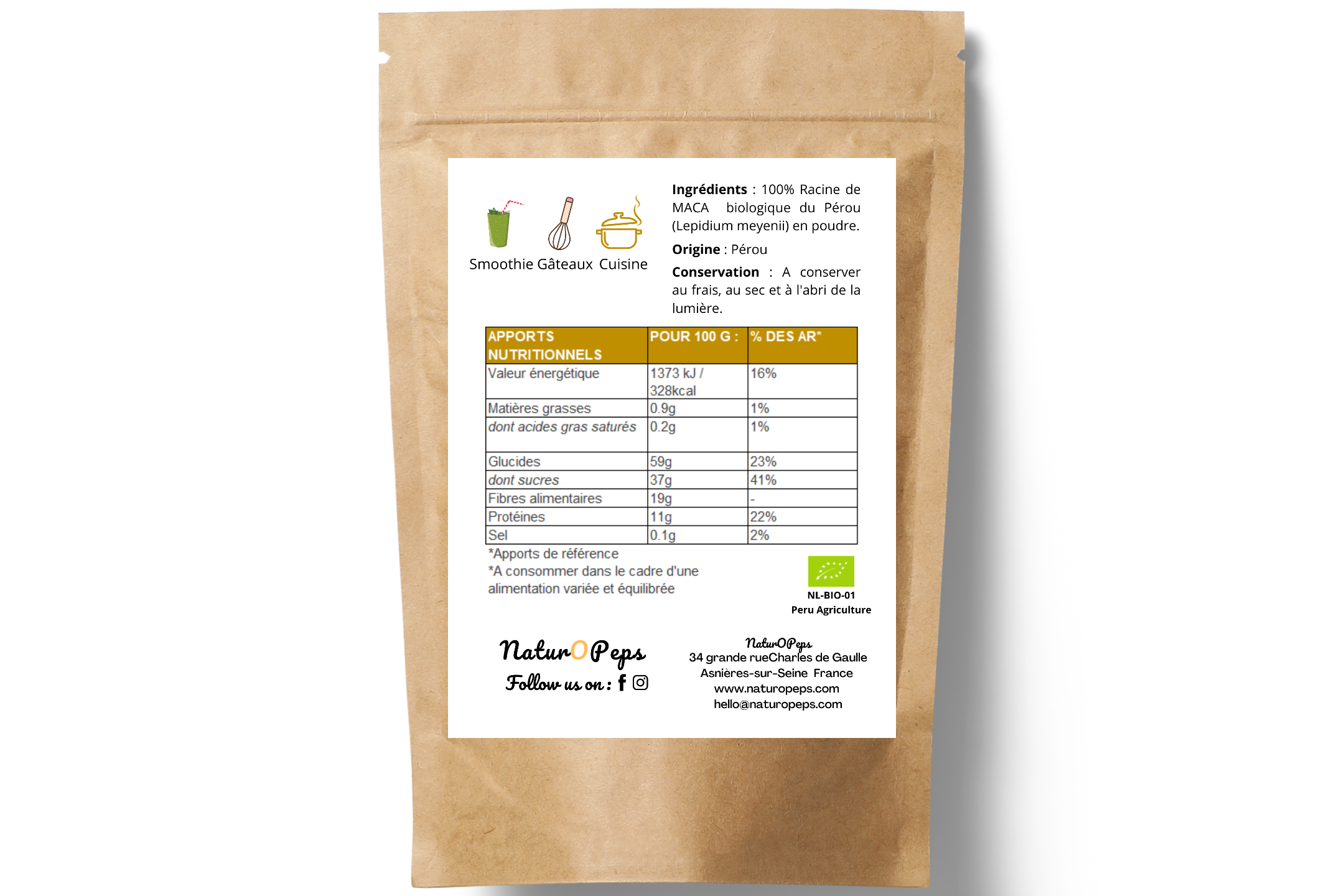 MACA 100% BIO NaturOPeps en poudre - 100g (100 doses) - Tonus & Vitalité